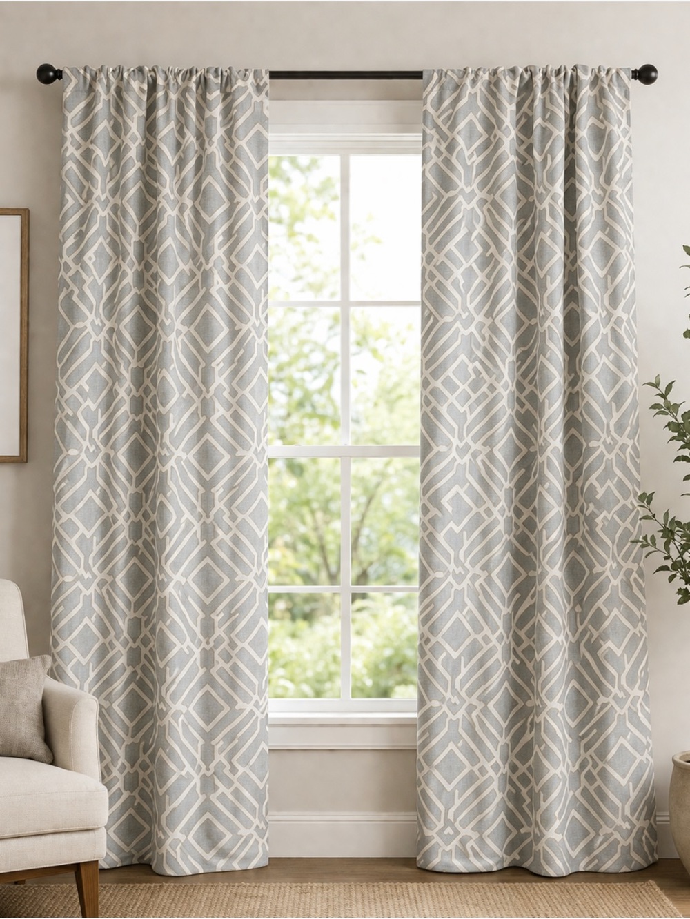 Pottery Barn Shelby Curtains linen cotton panels Geo Grey Ivory Gold Lined